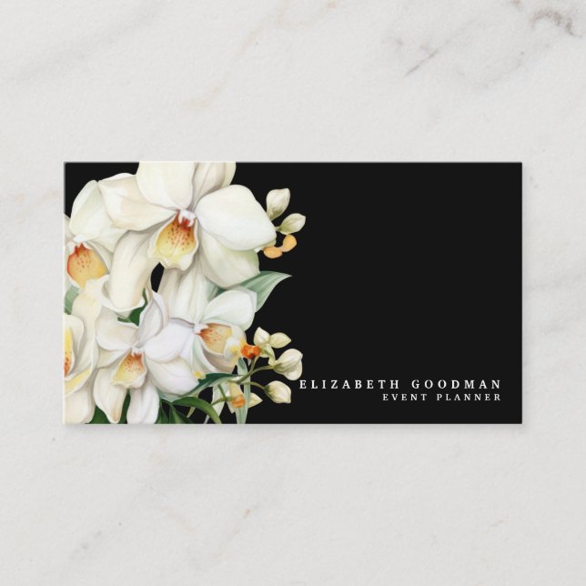 Tarjetas de presentación negras con orquídeas blan (Anverso)