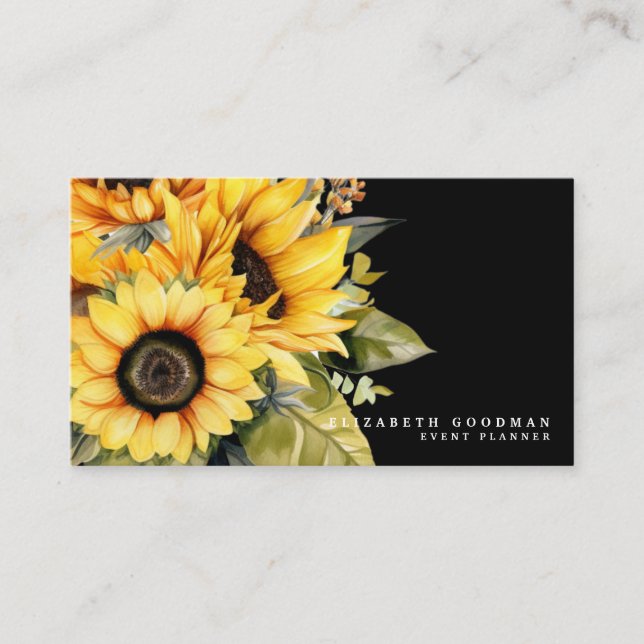 Tarjetas de presentación negras de girasoles amari (Anverso)