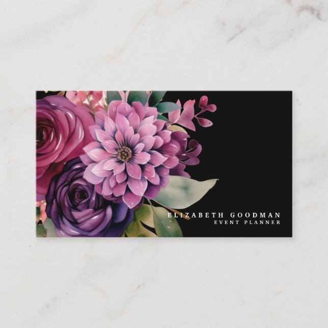 Tarjetas de presentación negras florales rosadas y (Anverso)