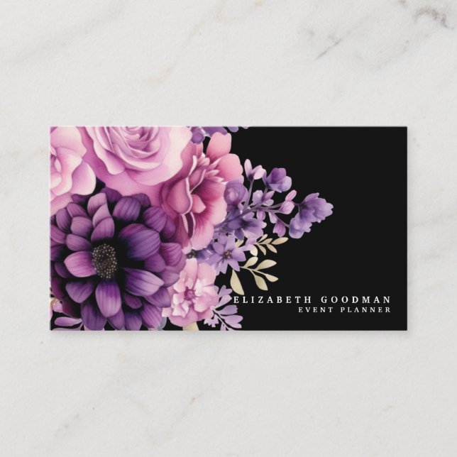 Tarjetas de presentación negras florales rosadas y (Anverso)