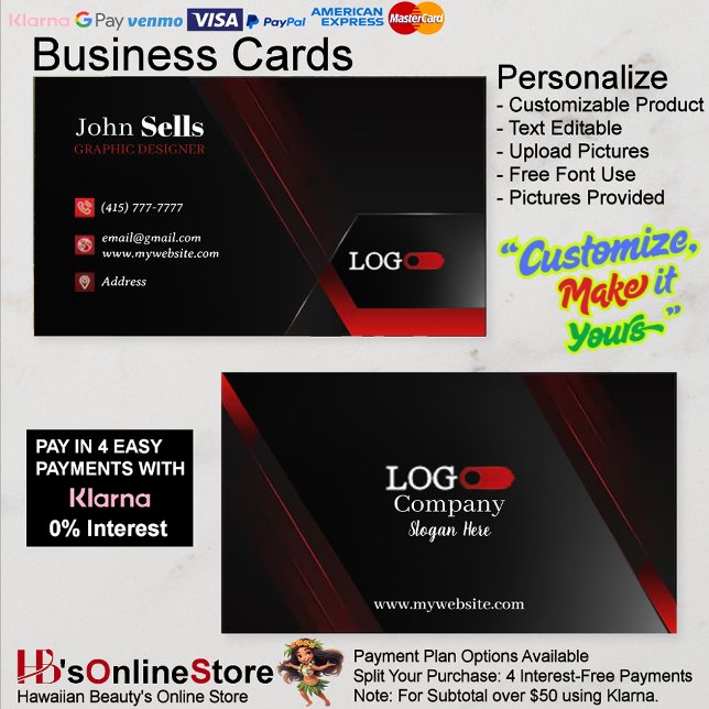 Tarjetas de Presentación Negras y Rojas 38 Paquete (Black & Red Business Cards 38 Pack of 100.)