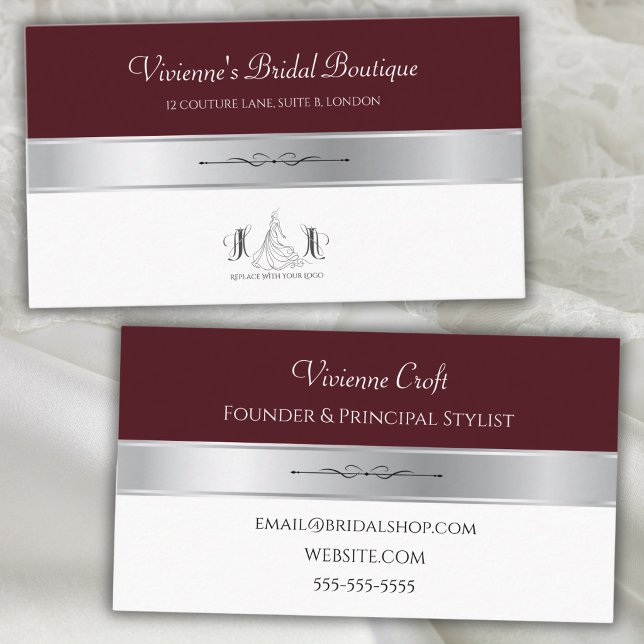 Tarjetas de presentación para estilistas de la tie (Luxe crimson and silver business card layout for high-end bridal stylists.)