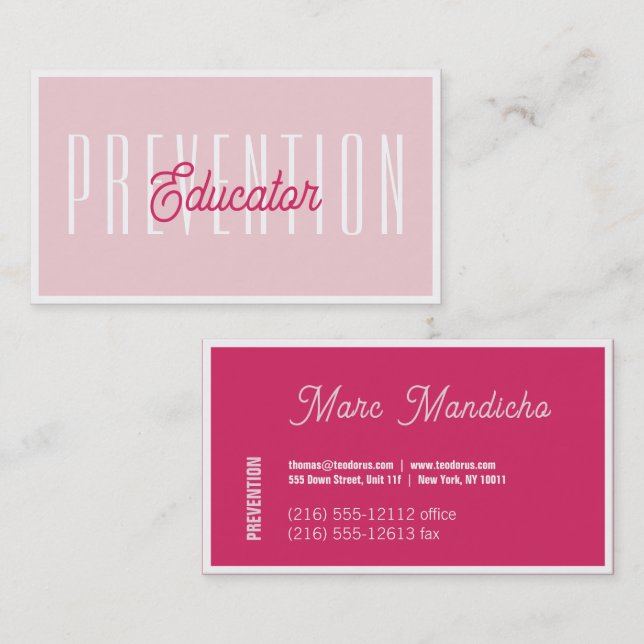 Tarjetas de presentación rosadas para educadores d (Anverso / Reverso)