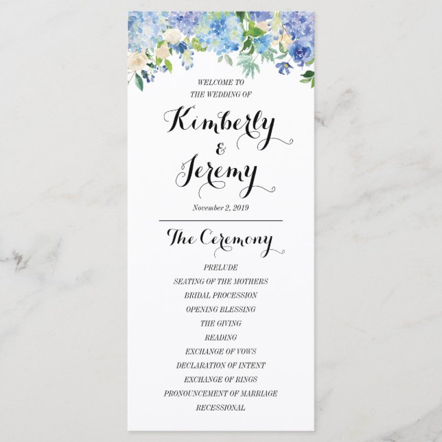 Tarjetas de Programa de Boda de Hortensia Azul (Anverso)