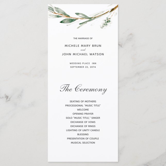 Tarjetas de programa de boda de rama simple (Anverso)