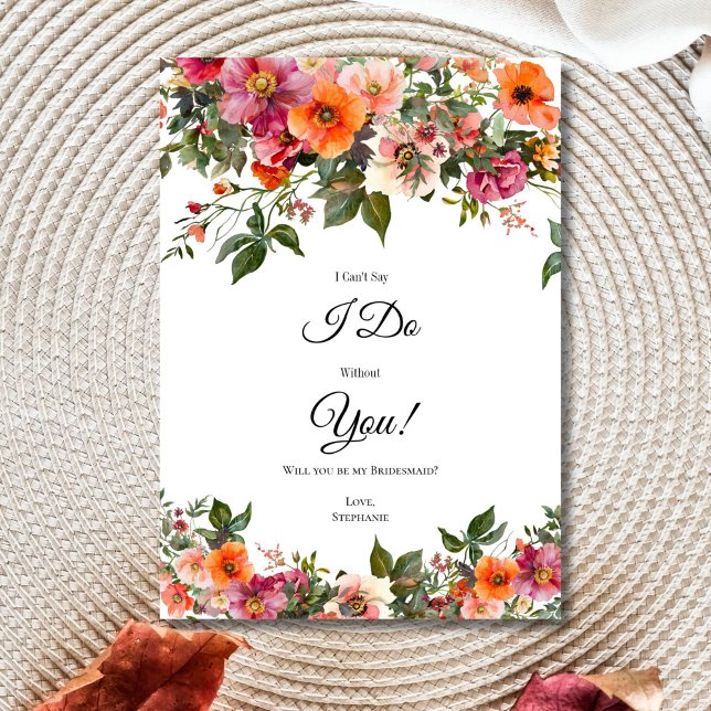 Tarjetas de propuesta de dama de honor florales na (Pink Red Orange Watercolor Florals Bridesmaid Proposal Card. Digital or Printed)