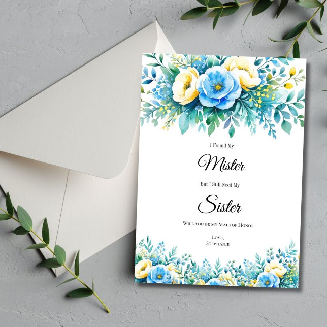 Tarjetas de propuesta de fiesta de boda floral ama (Blue yellow watercolor floral Bridesmaid Maid of Honor Proposal card. Printed or Digital download)