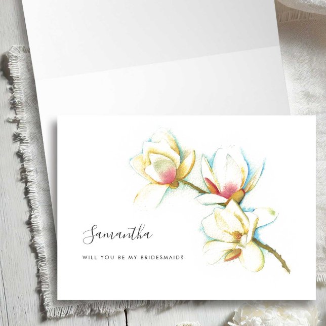 Tarjetas de propuesta de la dama de honor de la ma (Bridesmaid proposal cards watercolor white flowers by Victoria Grigaliunas of Do Tell A Belle)