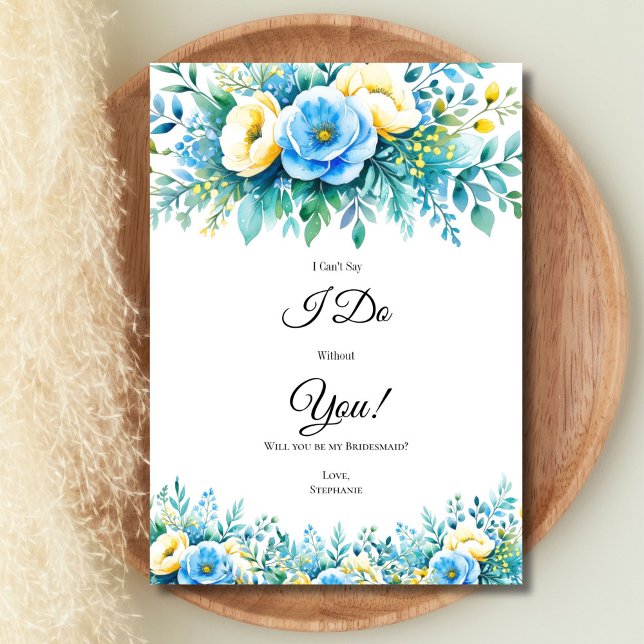 Tarjetas de propuesta del partido floral floral az (Blue yellow watercolor floral bridesmaid maid of honor Bridal Party proposal card, Printed or digita)