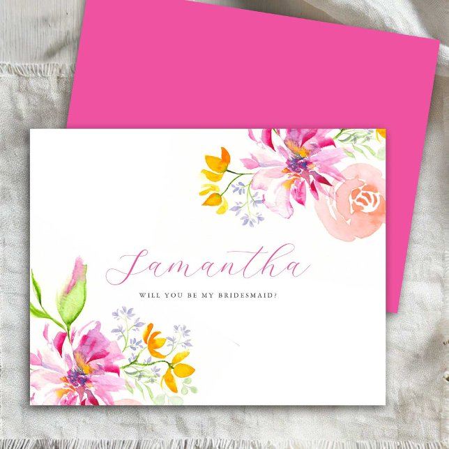 Tarjetas de propuesta personalizadas para la dama  (Bridesmaid proposal cards watercolor pink flowers art by Victoria Grigaliunas of Do Tell A Belle)