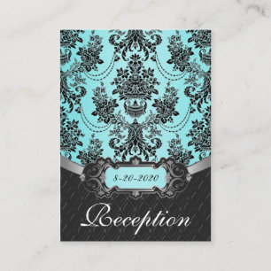 Tarjetas de recepción Blue Black Damask Wedding