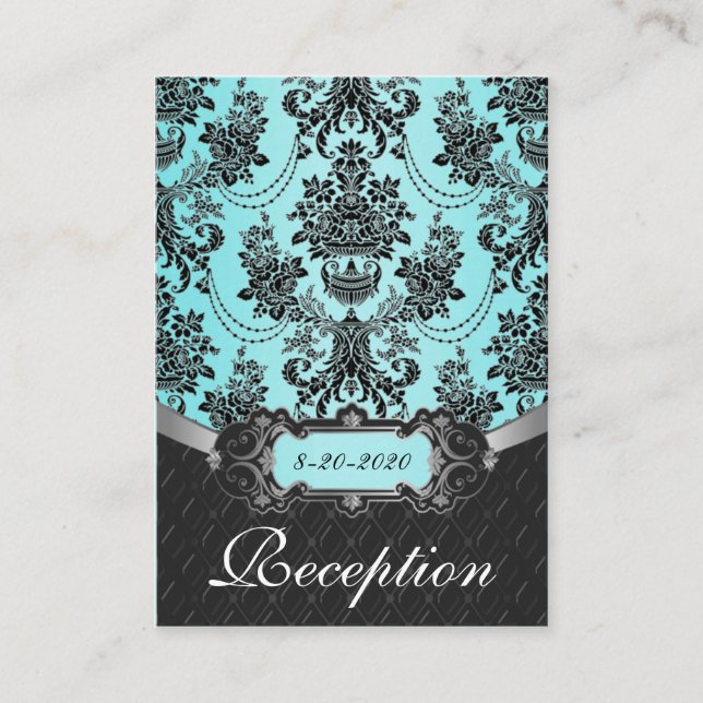 Tarjetas de recepción Blue Black Damask Wedding (Anverso)