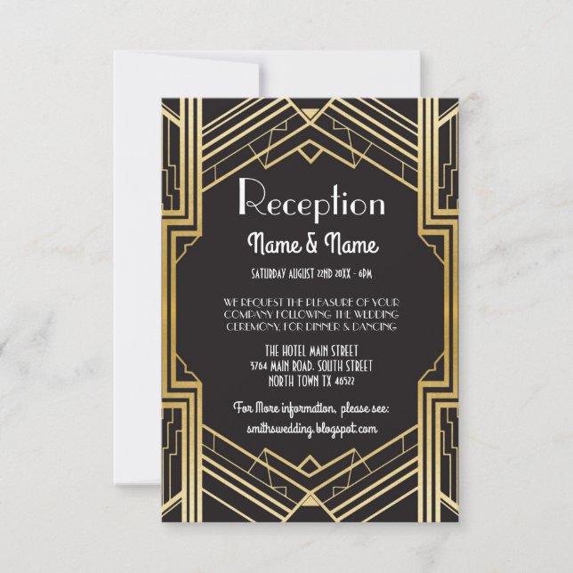 Tarjetas de recepción de boda Art Deco Gatsby Gold (Anverso)