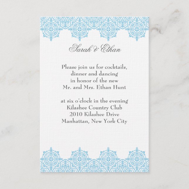 Tarjetas de recepción de boda azul claro de Damasc (Anverso)
