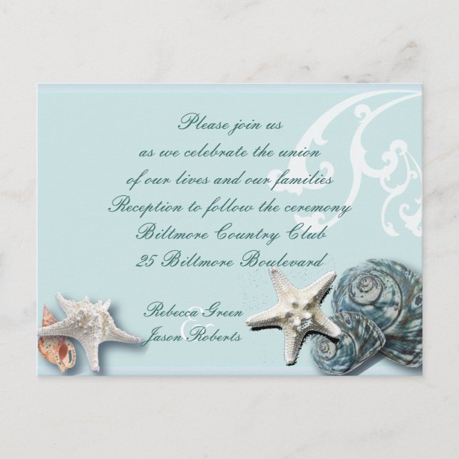 Tarjetas de recepción de boda Blue Seashells Beach (Anverso)