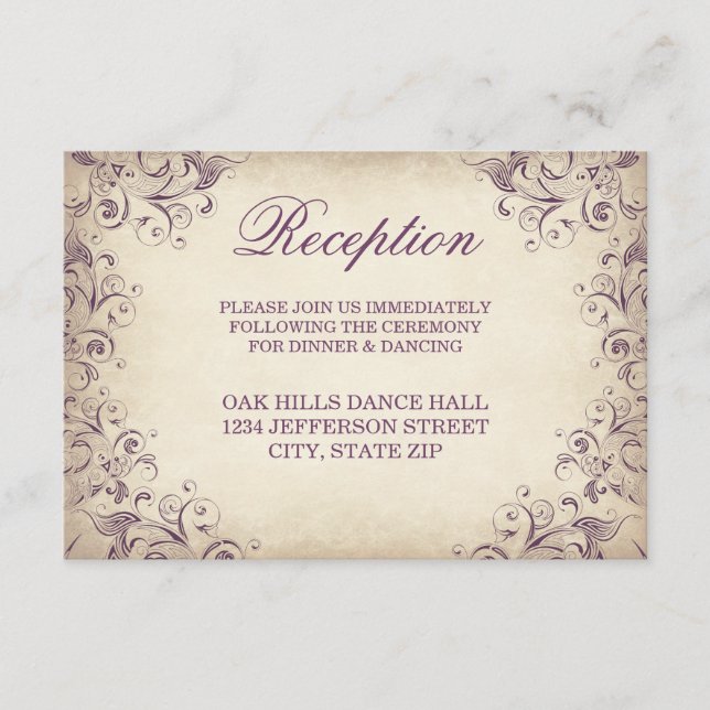 Tarjetas de Recepción de Boda con Florituras Morad (Anverso)