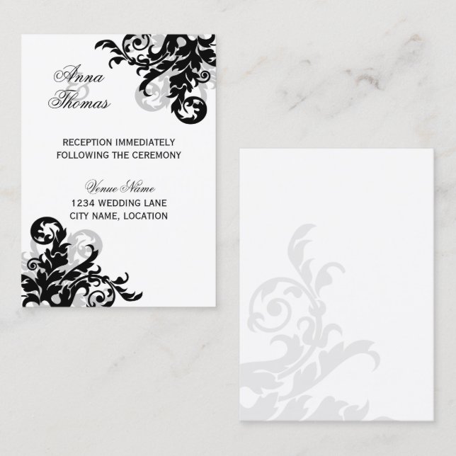 Tarjetas de recepción de boda con florituras negra (Anverso / Reverso)