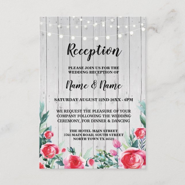 Tarjetas de recepción de boda con rosa roja y flor (Anverso)