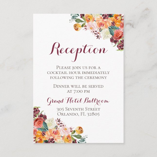 Tarjetas de recepción de boda de flores de otoño,  (Anverso)