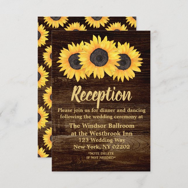 Tarjetas de Recepción de Boda de Girasoles Rústico (Anverso / Reverso)