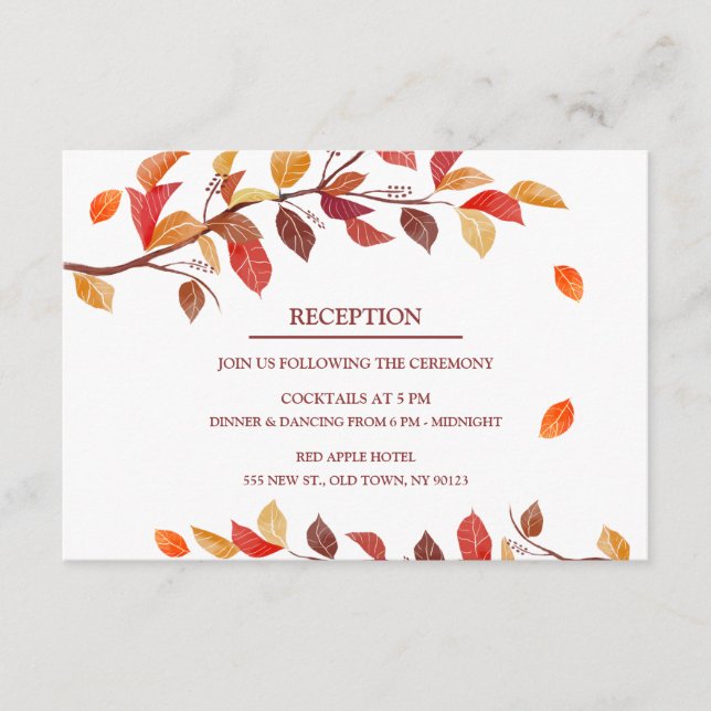Tarjetas de recepción de boda de hojas de otoño (Anverso)