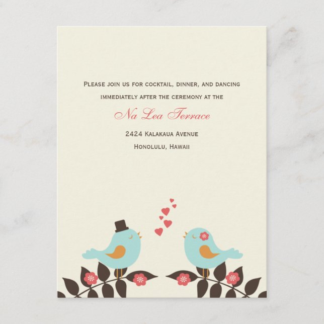 Tarjetas de recepción de boda de pájaros de amor (Anverso)