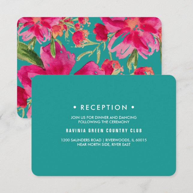 Tarjetas de recepción de boda floral turquesa Fuch (Anverso / Reverso)