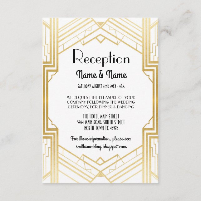 Tarjetas de recepción de boda Gatsby Art Deco Gold (Anverso)