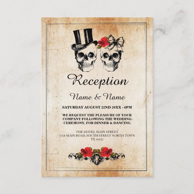 Tarjetas de recepción de boda rústicas Calaveras R (Anverso)