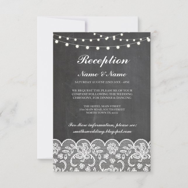 Tarjetas de recepción de boda rústicas con luces d (Anverso)