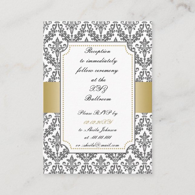 Tarjetas de recepción de bodas con damasco dorado (Anverso)