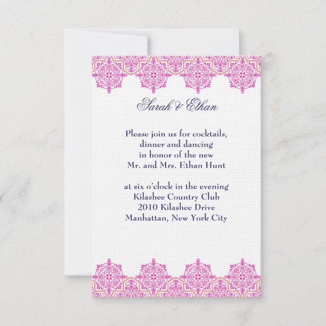 Tarjetas de recepción de matrimonio Damask rosa y  (Anverso)