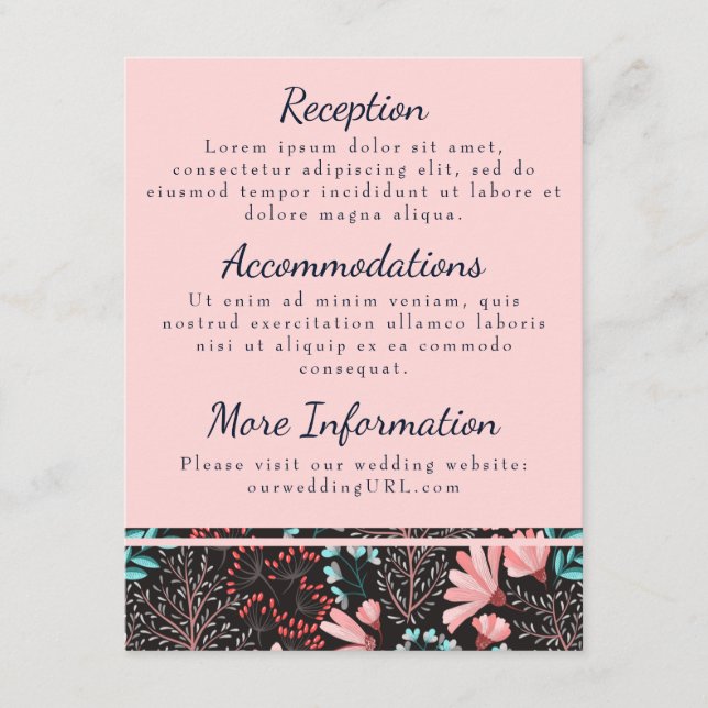 Tarjetas de recepción florales rosa y azul turques (Anverso)