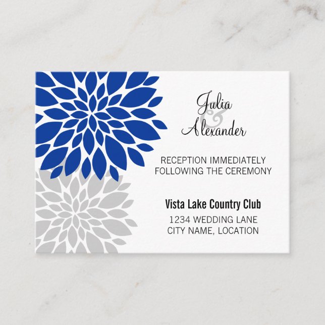 Tarjetas de recepción Royal Blue Silver Floral Bur (Anverso)