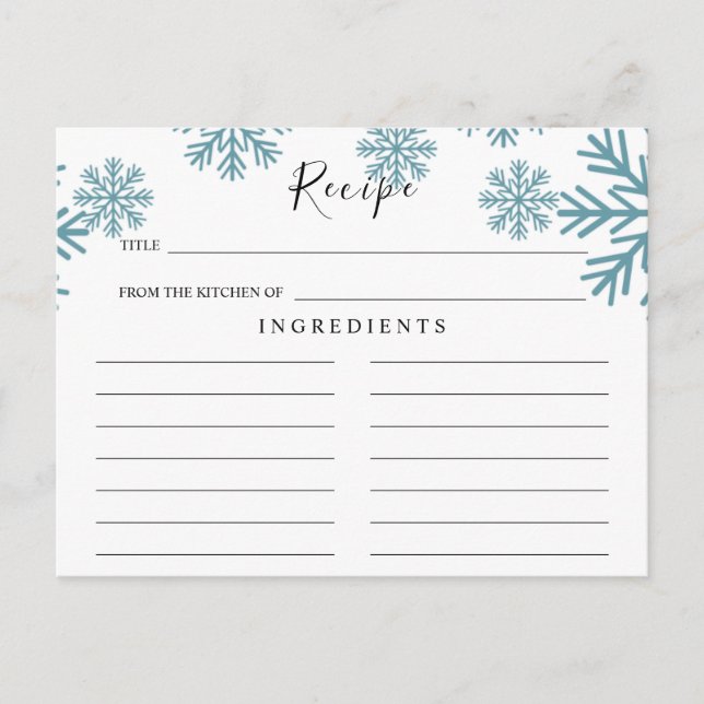 Tarjetas de Receta de Boda de Copos de Nieve Azul  (Anverso)