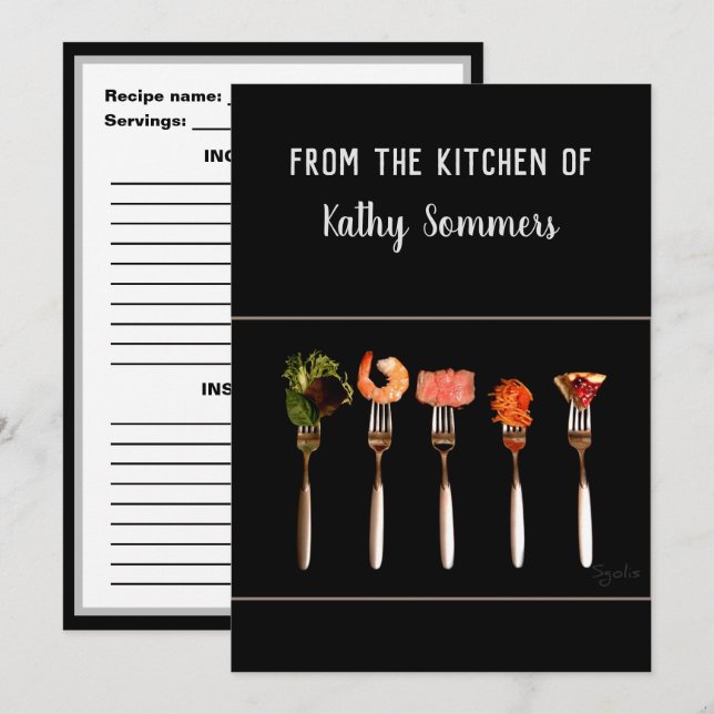 Tarjetas de Receta de Cocina / Tenedores Negros Mo (Anverso / Reverso)