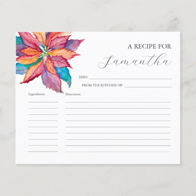 Tarjetas de receta de cocina Watercolor Poinsettia (Anverso)