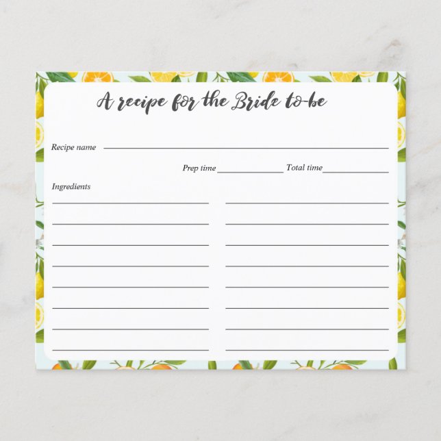 Tarjetas de receta de ducha de novia con limón (Anverso)