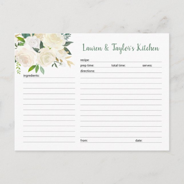Tarjetas de receta de ducha de novia floral crema  (Anverso)