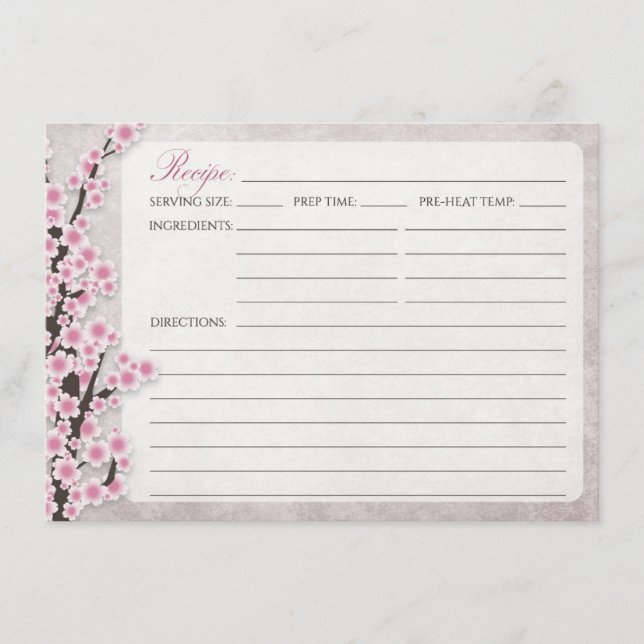 Tarjetas de receta de flor de cerezo rosa rústico (Anverso)