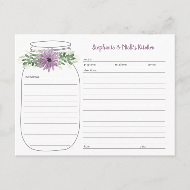 Tarjetas de receta de frasco de Mason floral de la (Anverso)