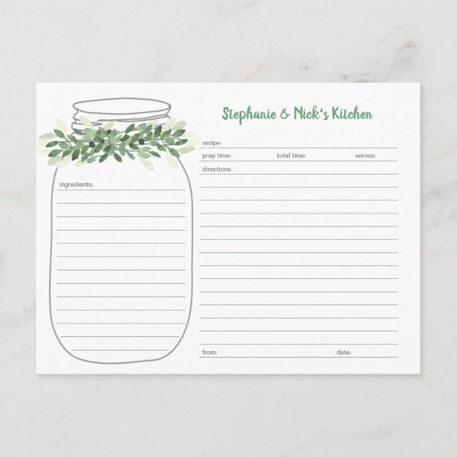 Tarjetas de receta de Greenery Mason Jar (Anverso)