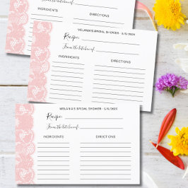 Tarjetas de receta de la ducha de novia de encaje