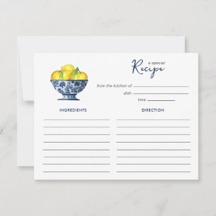 Tarjetas de receta de limones en tazón azul y blan