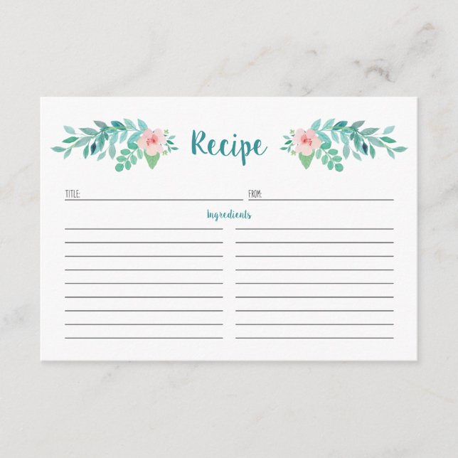 Tarjetas de Receta Floral de acuarela (Anverso)