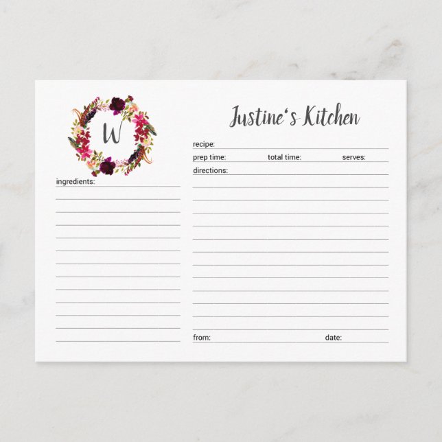 Tarjetas de receta Monograma Burgundy Floral Wreat (Anverso)