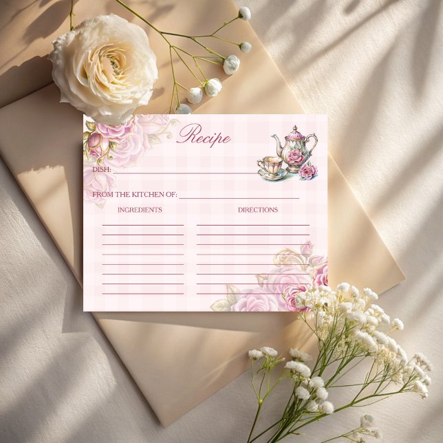 Tarjetas de receta para ducha de novia con fiesta  (Victorian tea party bridal shower recipe cards pastel pink roses tea party recipe cards)