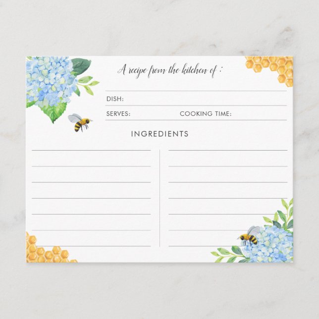 Tarjetas de recetas botánicas Blue Hydrangea Bee (Anverso)