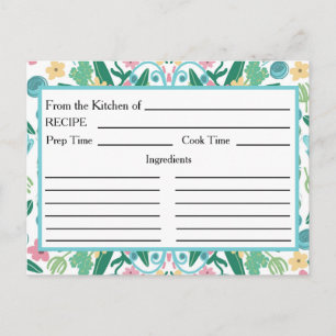 Tarjetas de Recetas de Aqua Pink Floral de la Coci