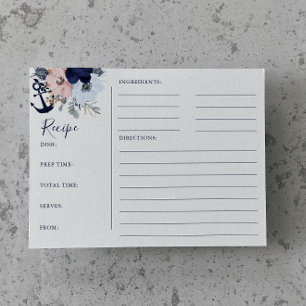 Tarjetas de recetas de ducha de ancla floral náuti